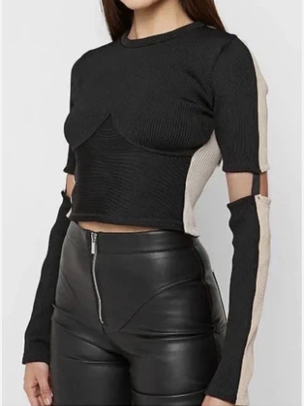 MANIERE DE VOIR Black  Beige Ribbed Underbust Crop Top Sz 10 J26